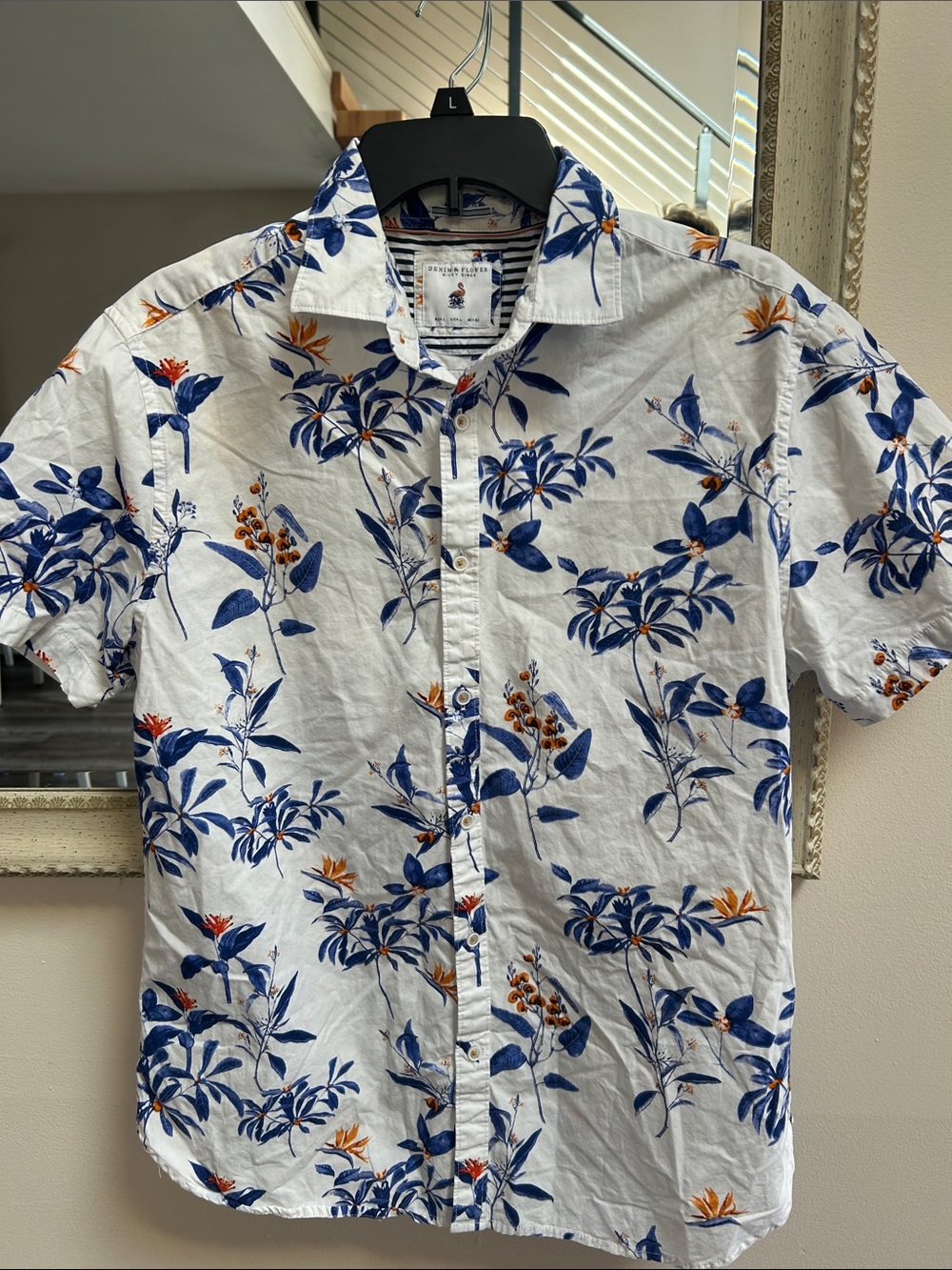 Denim & Flower White Short-Sleeve Button-Down with Blue and Orange Floral Print
